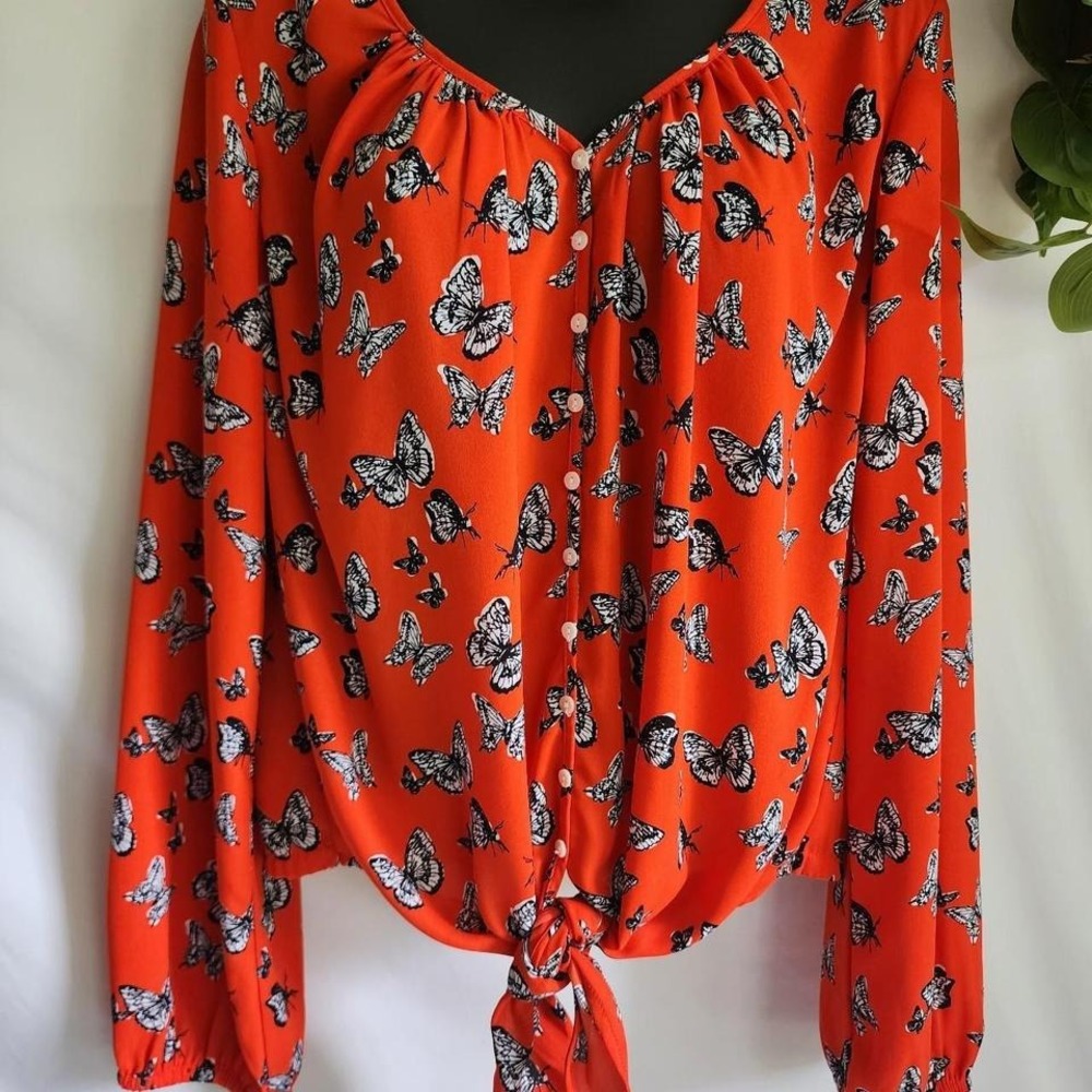Karen Kane Orange Butterfly Button Tie Blouse Size Medium Boho Whimsical Top
